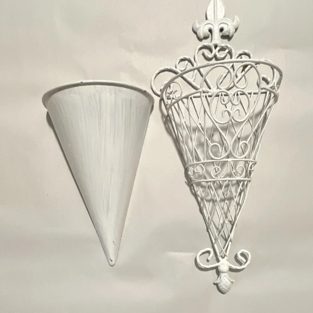 White Metal Victorian Scroll Cone Wall Planter, French Country, 18in